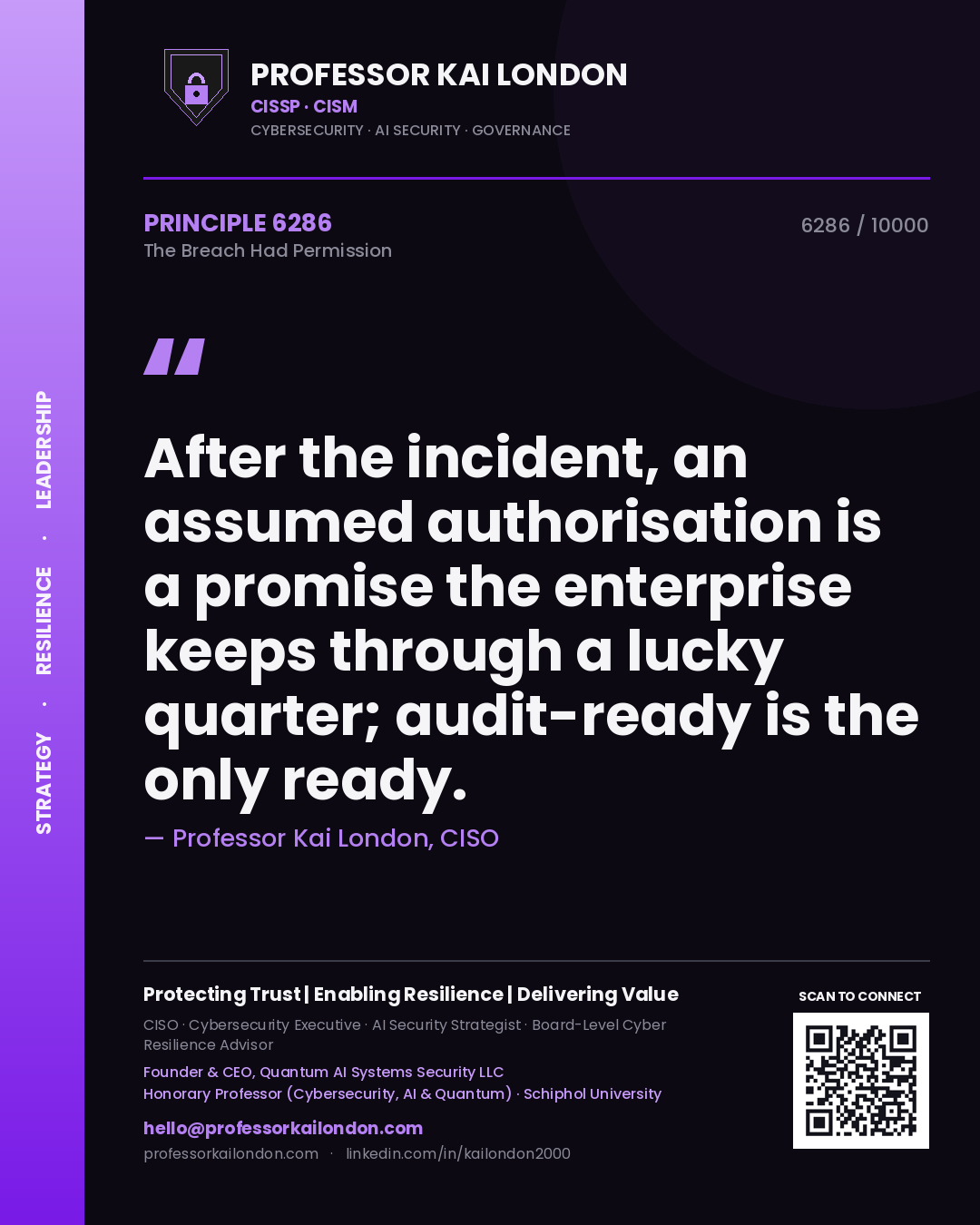 Quote card by Professor Kai London reading 'After the incident, an assumed authorisation is a promise the enterprise keeps through a lucky quarter; audit-ready is the only ready.'. From the book The Breach Had Permission.