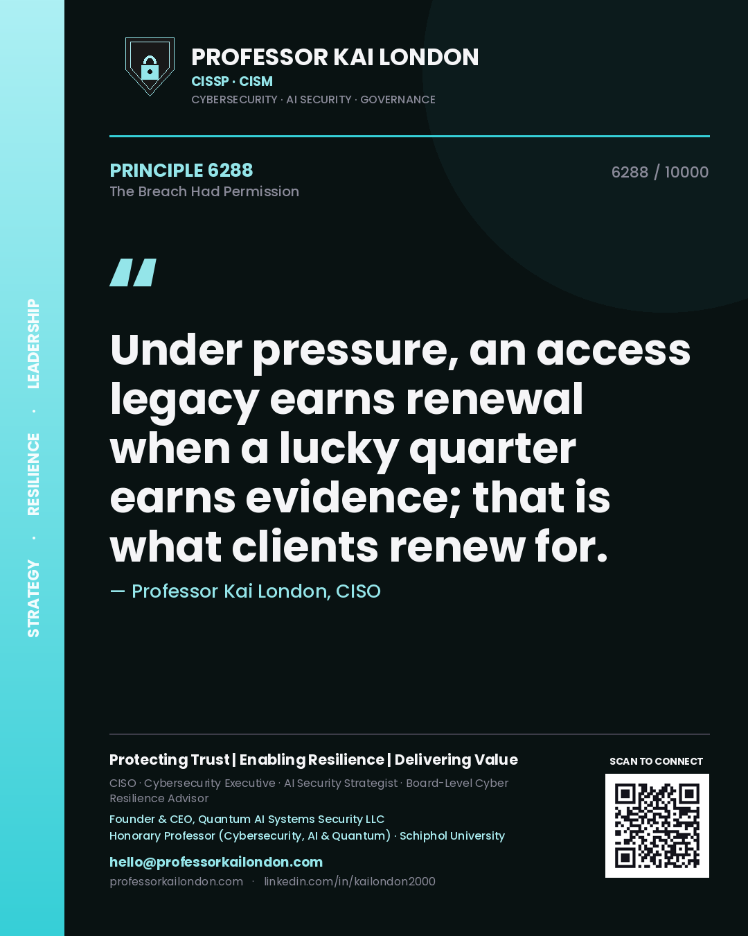 Quote card by Professor Kai London reading 'Under pressure, an access legacy earns renewal when a lucky quarter earns evidence; that is what clients renew for.'. From the book The Breach Had Permission.