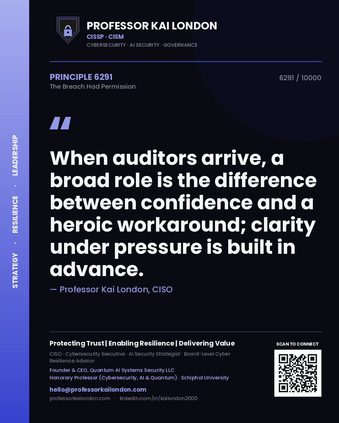 Quote card by Professor Kai London reading 'When auditors arrive, a broad role is the difference between confidence and a heroic workaround; clarity under pressure is built in advance.'. From the book The Breach Had Permission.