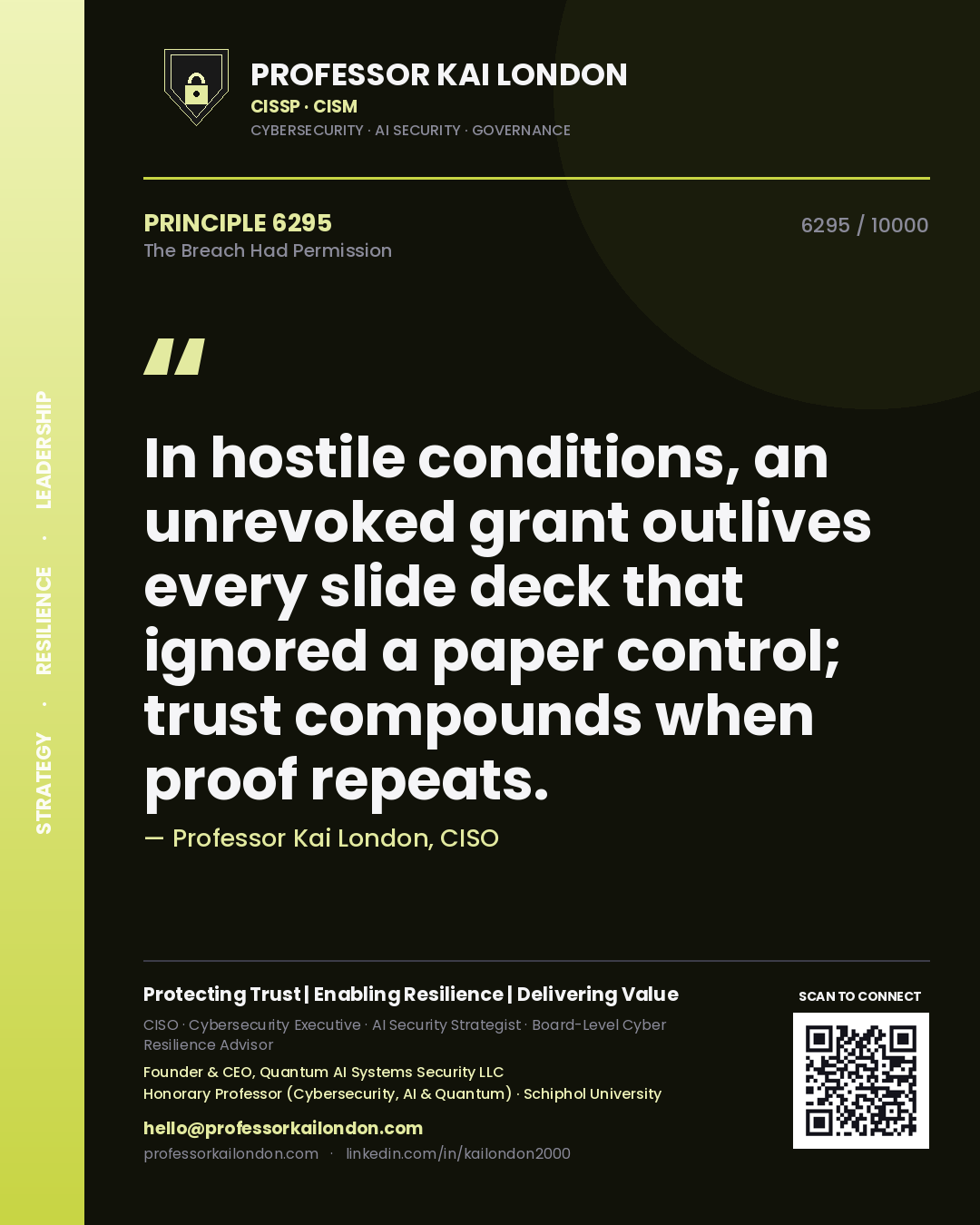 Quote card by Professor Kai London reading 'In hostile conditions, an unrevoked grant outlives every slide deck that ignored a paper control; trust compounds when proof repeats.'. From the book The Breach Had Permission.