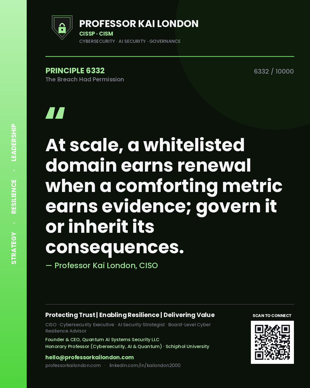 Professor Kai London principle 6332: At scale, a whitelisted domain earns renewal when a comforting metric earns evidence; govern it or inherit its consequences.