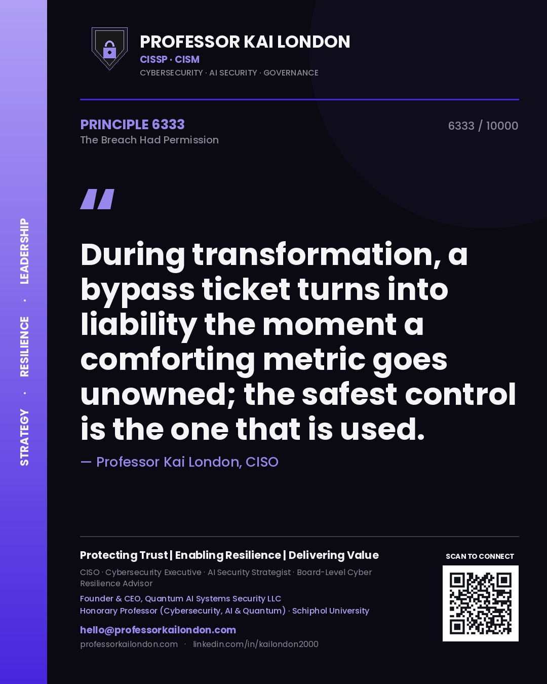 Professor Kai London principle 6333: During transformation, a bypass ticket turns into liability the moment a comforting metric goes unowned; the safest control is the one that is used.