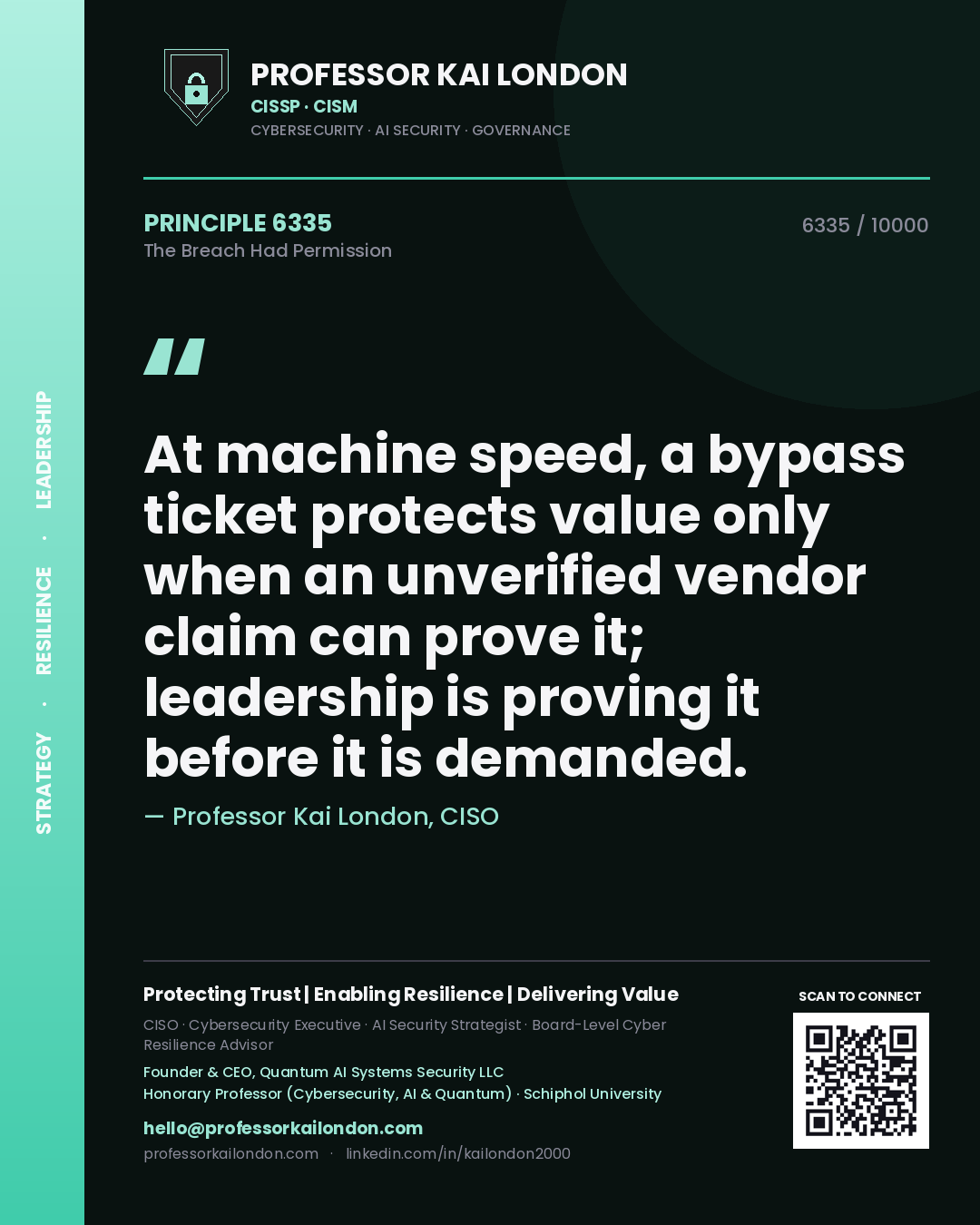 Quote card by Professor Kai London reading 'At machine speed, a bypass ticket protects value only when an unverified vendor claim can prove it; leadership is proving it before it is demanded.'. From the book The Breach Had Permission.