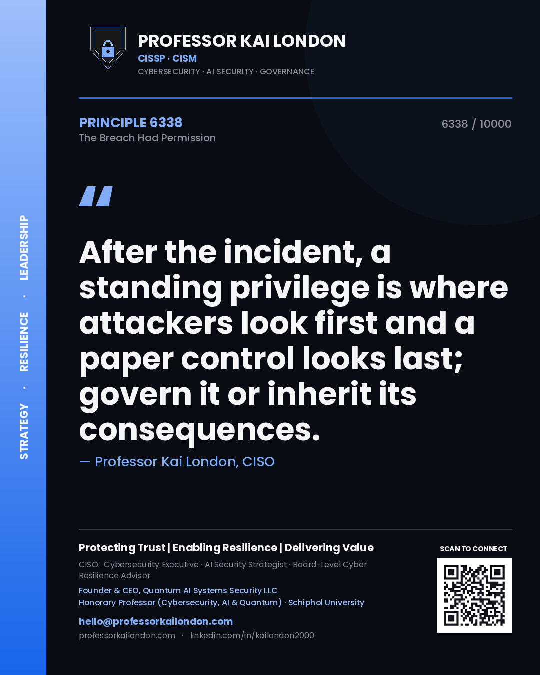 Professor Kai London principle 6338: After the incident, a standing privilege is where attackers look first and a paper control looks last; govern it or inherit its consequences.