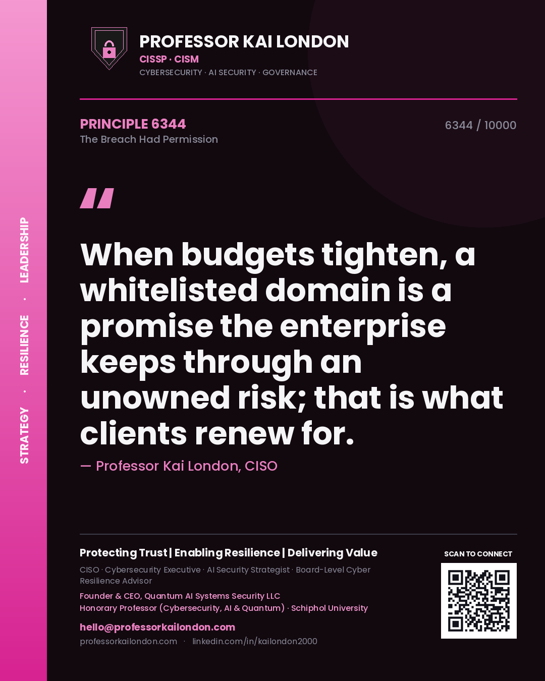 Professor Kai London principle 6344: When budgets tighten, a whitelisted domain is a promise the enterprise keeps through an unowned risk; that is what clients renew for.