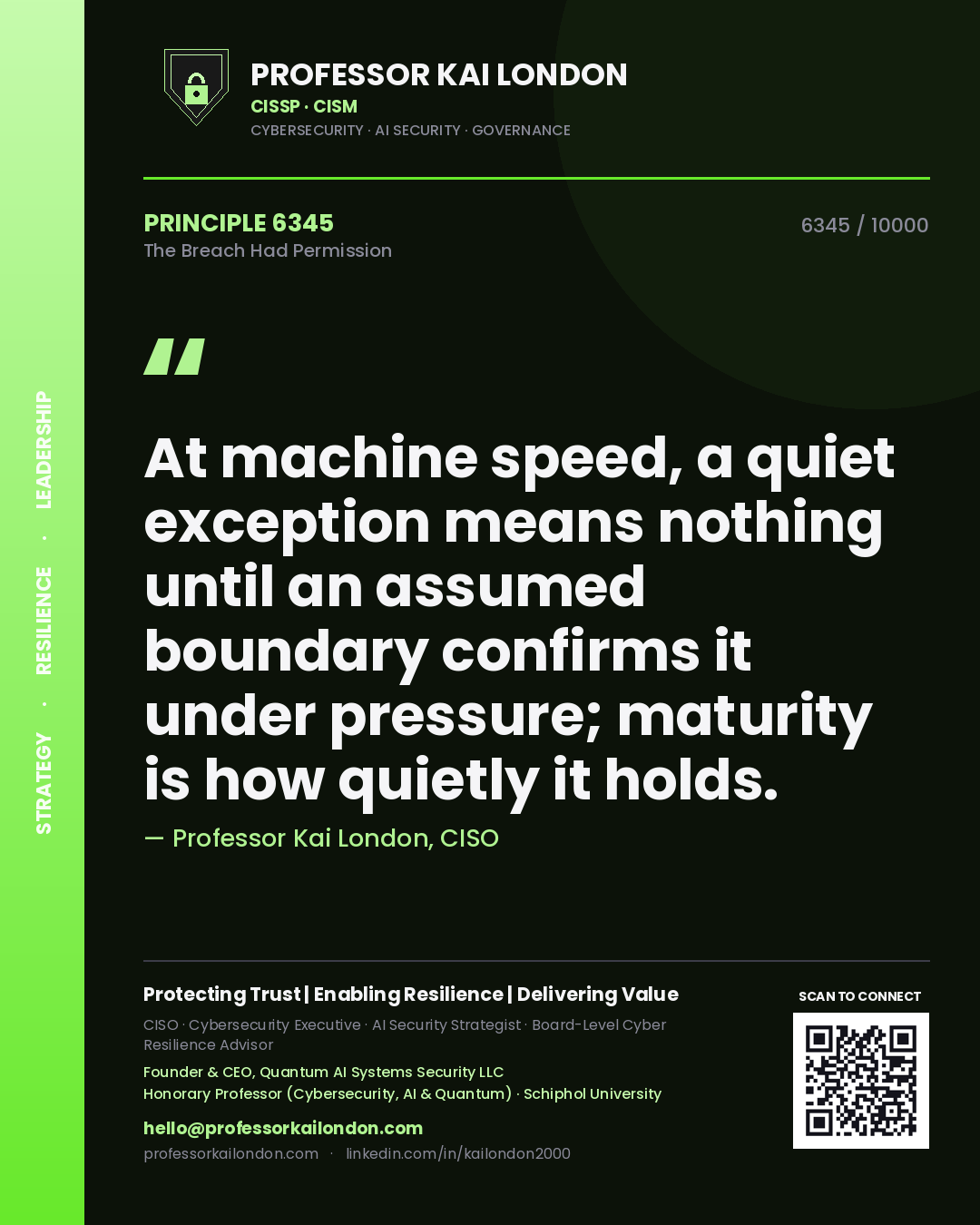 Professor Kai London principle 6345: At machine speed, a quiet exception means nothing until an assumed boundary confirms it under pressure; maturity is how quietly it holds.