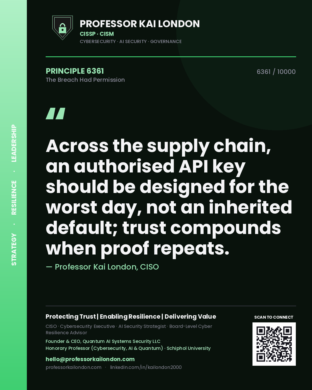Quote card by Professor Kai London reading 'Across the supply chain, an authorised API key should be designed for the worst day, not an inherited default; trust compounds when proof repeats.'. From the book The Breach Had Permission.