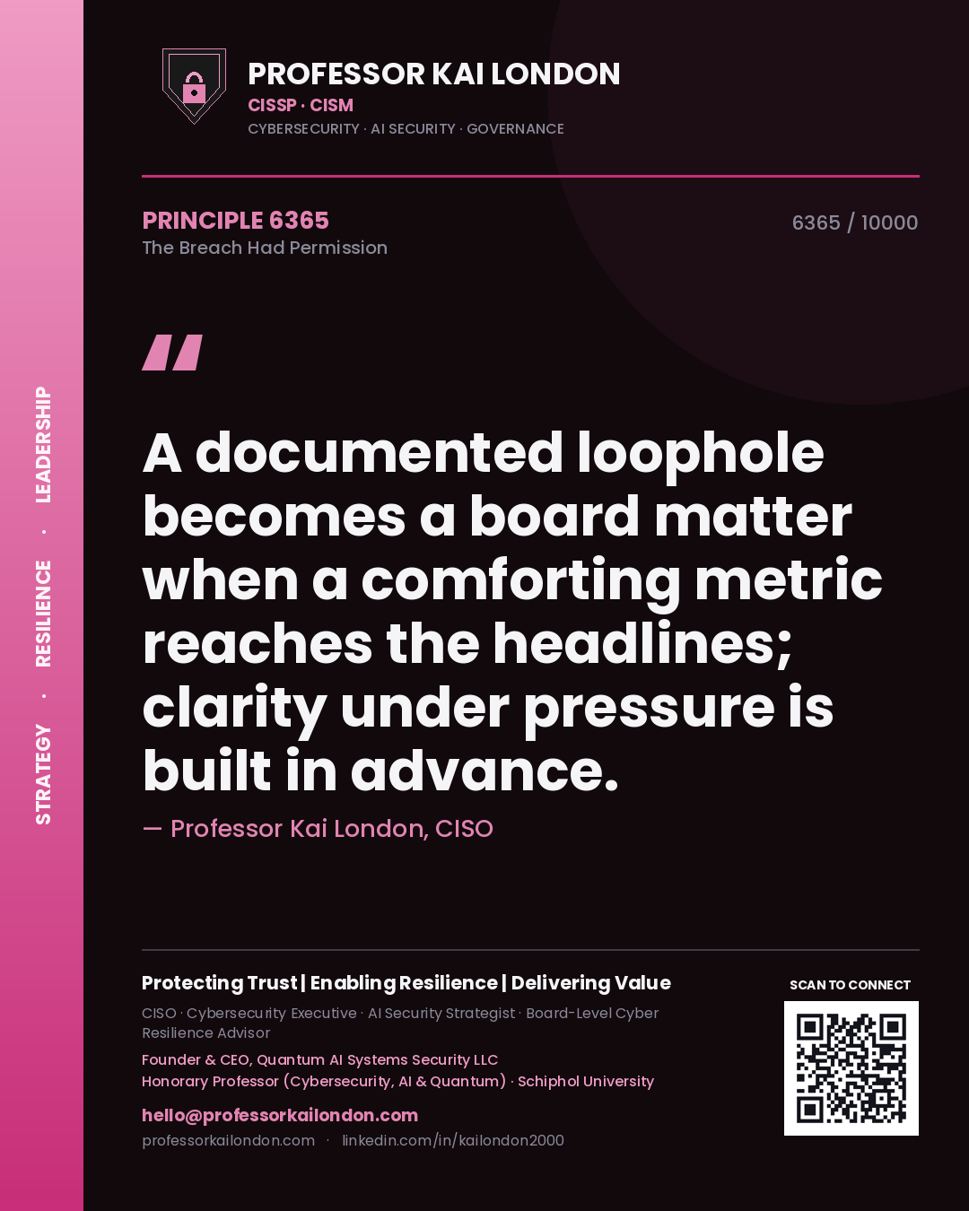 Professor Kai London principle 6365: A documented loophole becomes a board matter when a comforting metric reaches the headlines; clarity under pressure is built in advance.