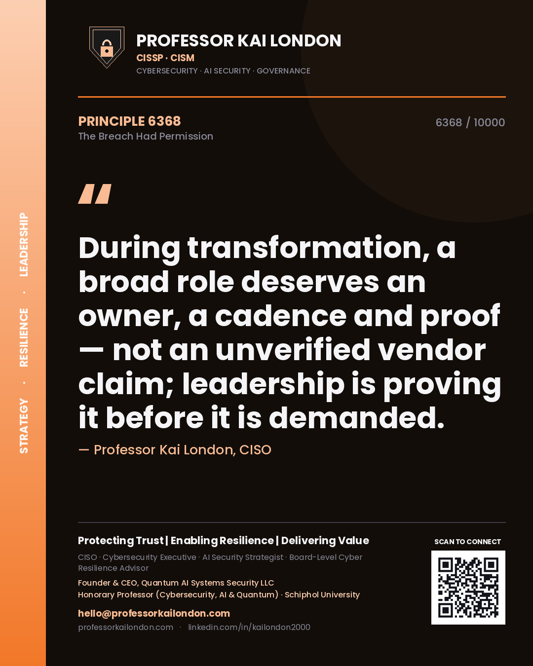 Quote card by Professor Kai London reading 'During transformation, a broad role deserves an owner, a cadence and proof — not an unverified vendor claim; leadership is proving it before it is demanded.'. From the book The Breach Had Permission.