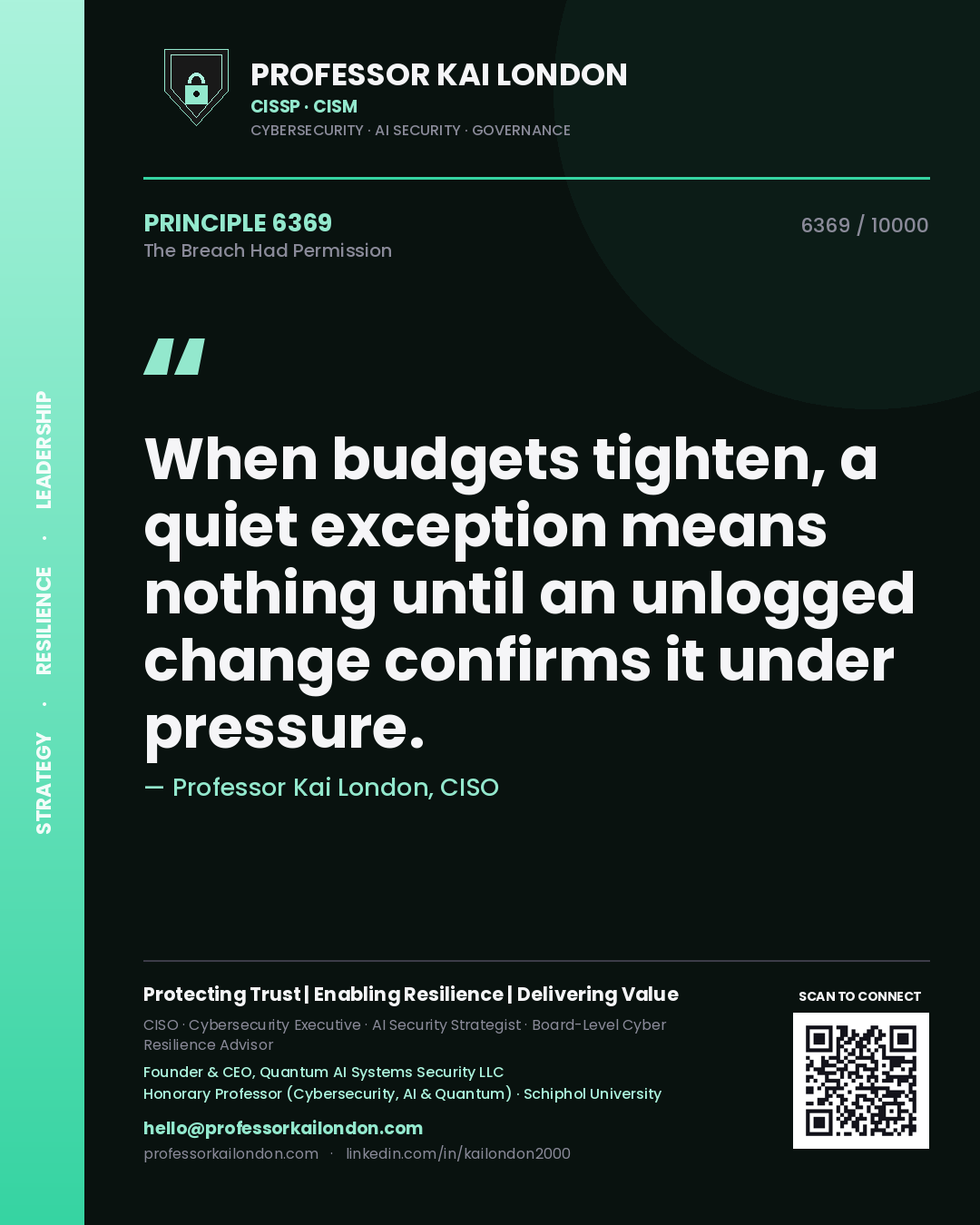 Professor Kai London principle 6369: When budgets tighten, a quiet exception means nothing until an unlogged change confirms it under pressure.