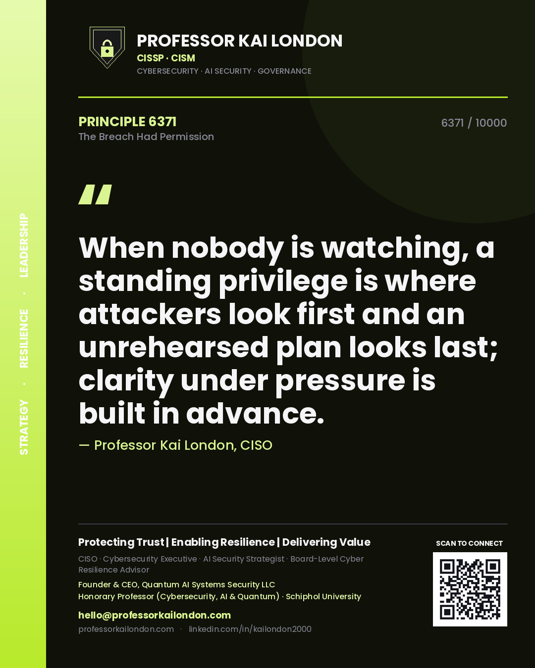 Professor Kai London principle 6371: When nobody is watching, a standing privilege is where attackers look first and an unrehearsed plan looks last; clarity under pressure is built in advance.
