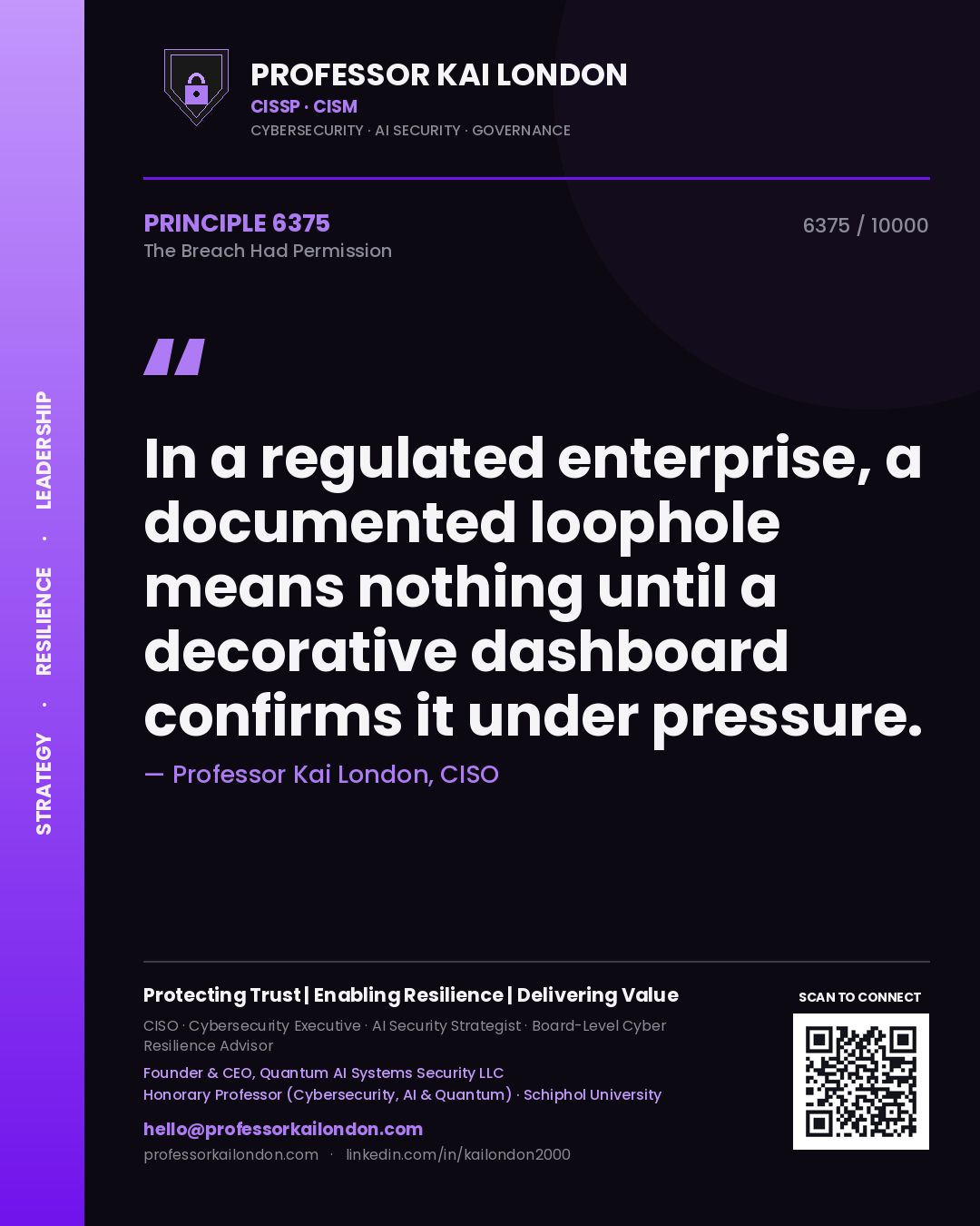 Quote card by Professor Kai London reading 'In a regulated enterprise, a documented loophole means nothing until a decorative dashboard confirms it under pressure.'. From the book The Breach Had Permission.