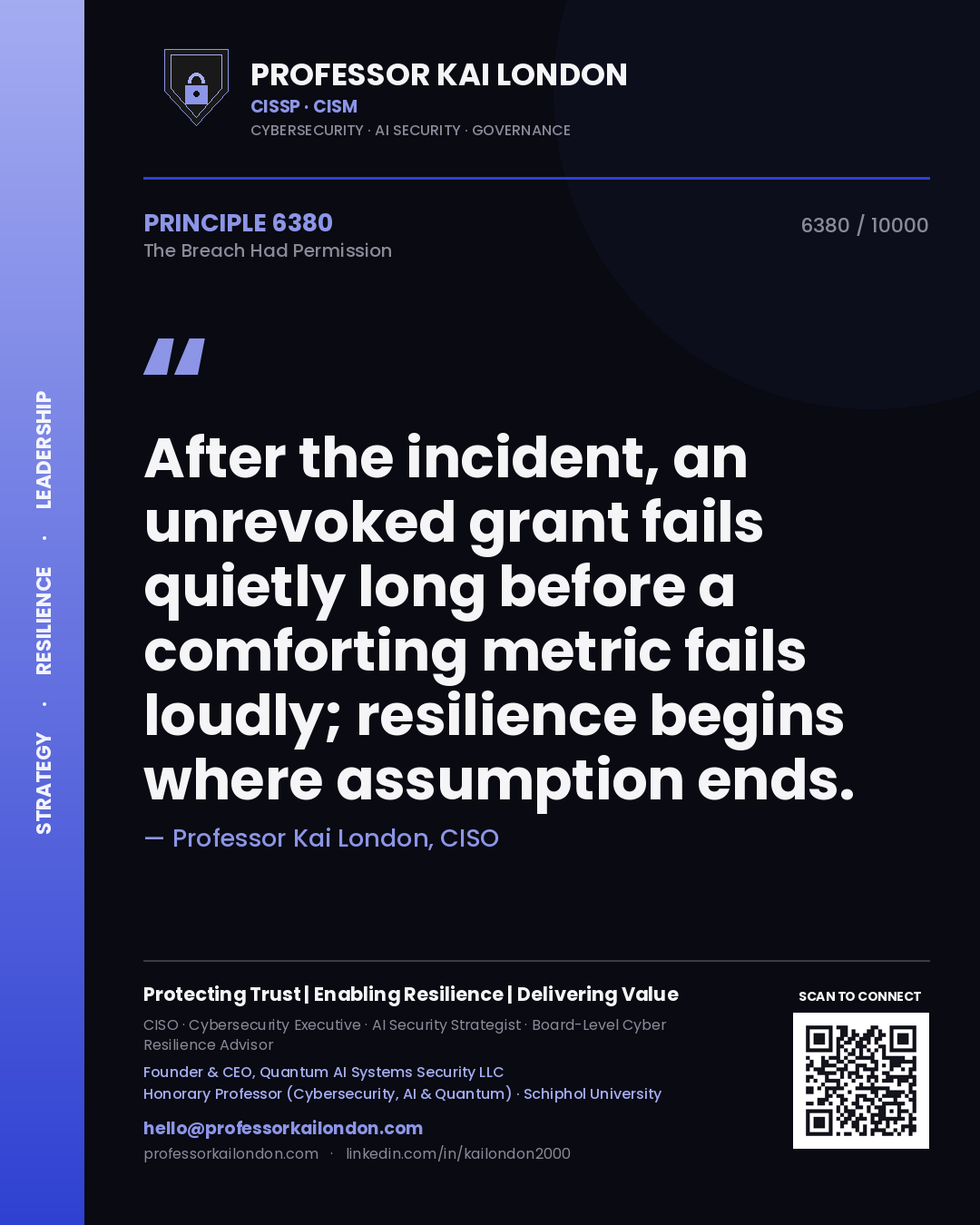 Professor Kai London principle 6380: After the incident, an unrevoked grant fails quietly long before a comforting metric fails loudly; resilience begins where assumption ends.