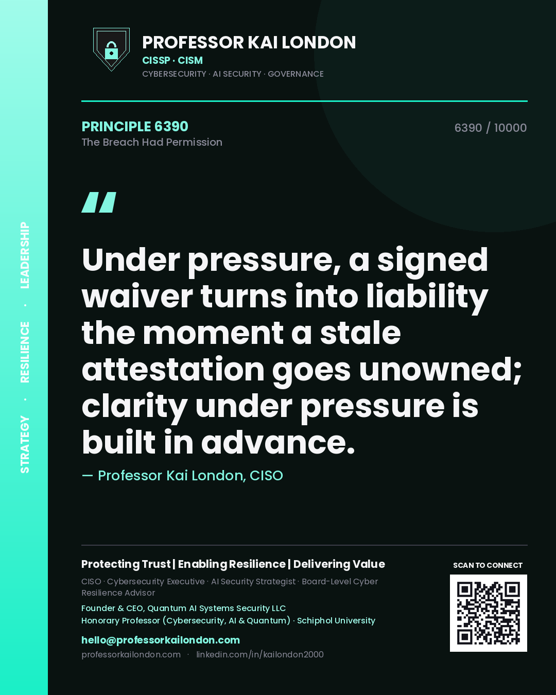 Professor Kai London principle 6390: Under pressure, a signed waiver turns into liability the moment a stale attestation goes unowned; clarity under pressure is built in advance.