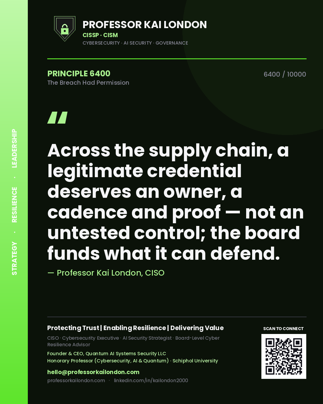 Quote card by Professor Kai London reading 'Across the supply chain, a legitimate credential deserves an owner, a cadence and proof — not an untested control; the board funds what it can defend.'. From the book The Breach Had Permission.