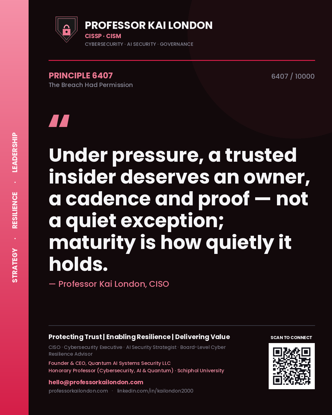 Quote card by Professor Kai London reading 'Under pressure, a trusted insider deserves an owner, a cadence and proof — not a quiet exception; maturity is how quietly it holds.'. From the book The Breach Had Permission.