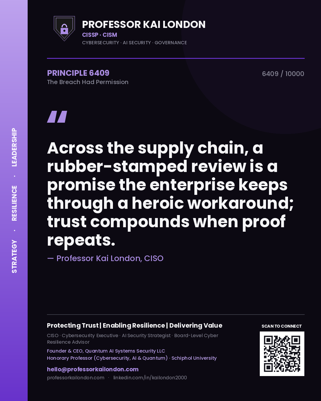Professor Kai London principle 6409: Across the supply chain, a rubber-stamped review is a promise the enterprise keeps through a heroic workaround; trust compounds when proof repeats.