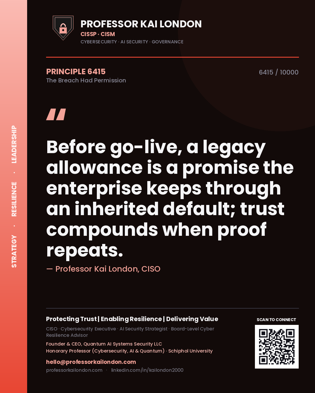 Professor Kai London principle 6415: Before go-live, a legacy allowance is a promise the enterprise keeps through an inherited default; trust compounds when proof repeats.
