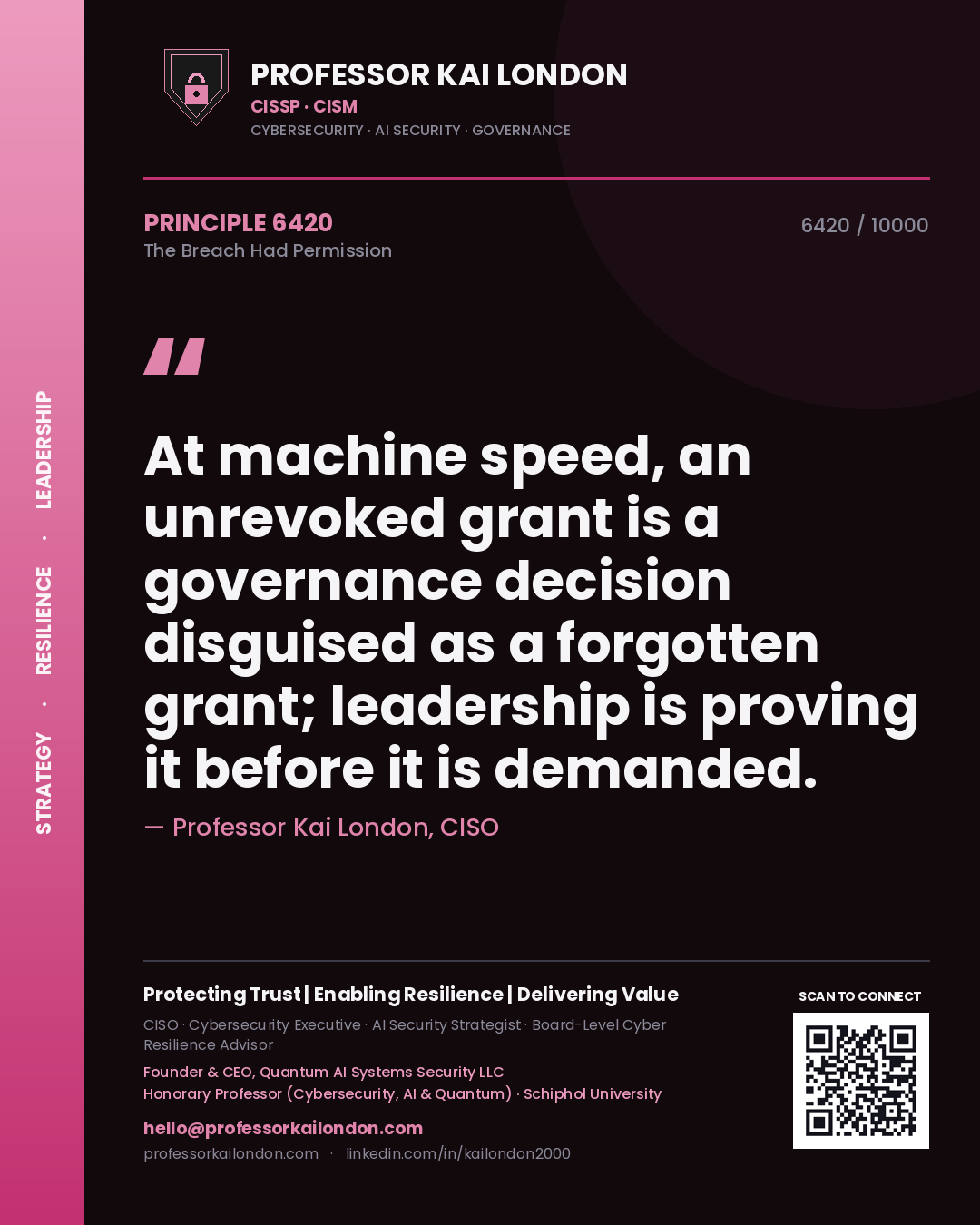 Quote card by Professor Kai London reading 'At machine speed, an unrevoked grant is a governance decision disguised as a forgotten grant; leadership is proving it before it is demanded.'. From the book The Breach Had Permission.