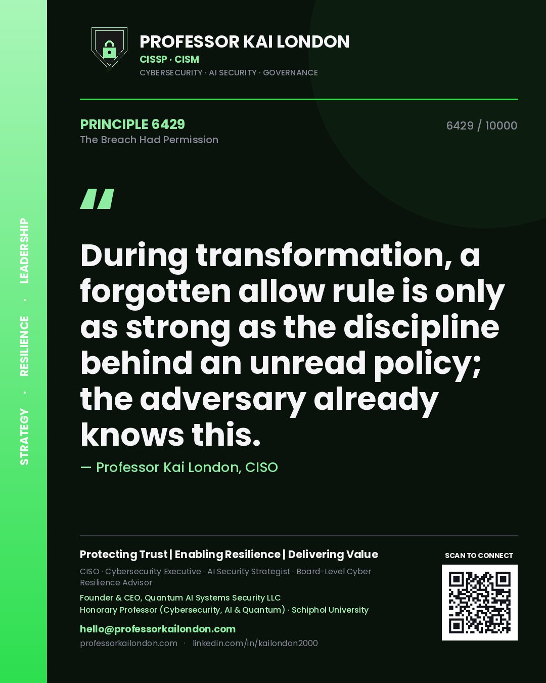 Quote card by Professor Kai London reading 'During transformation, a forgotten allow rule is only as strong as the discipline behind an unread policy; the adversary already knows this.'. From the book The Breach Had Permission.