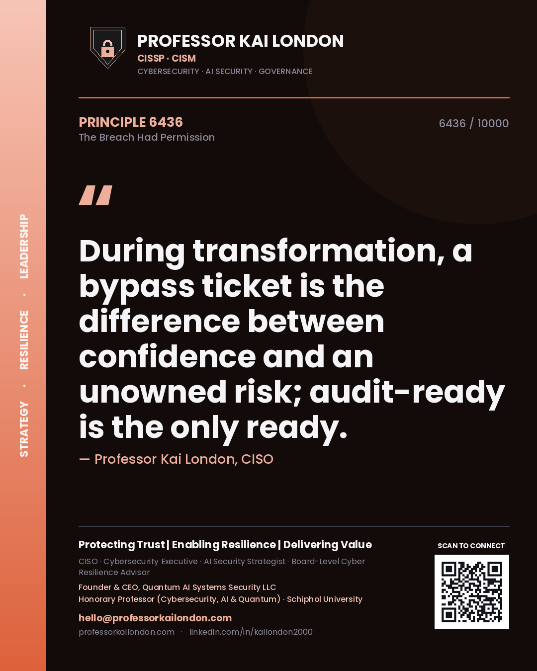 Professor Kai London principle 6436: During transformation, a bypass ticket is the difference between confidence and an unowned risk; audit-ready is the only ready.