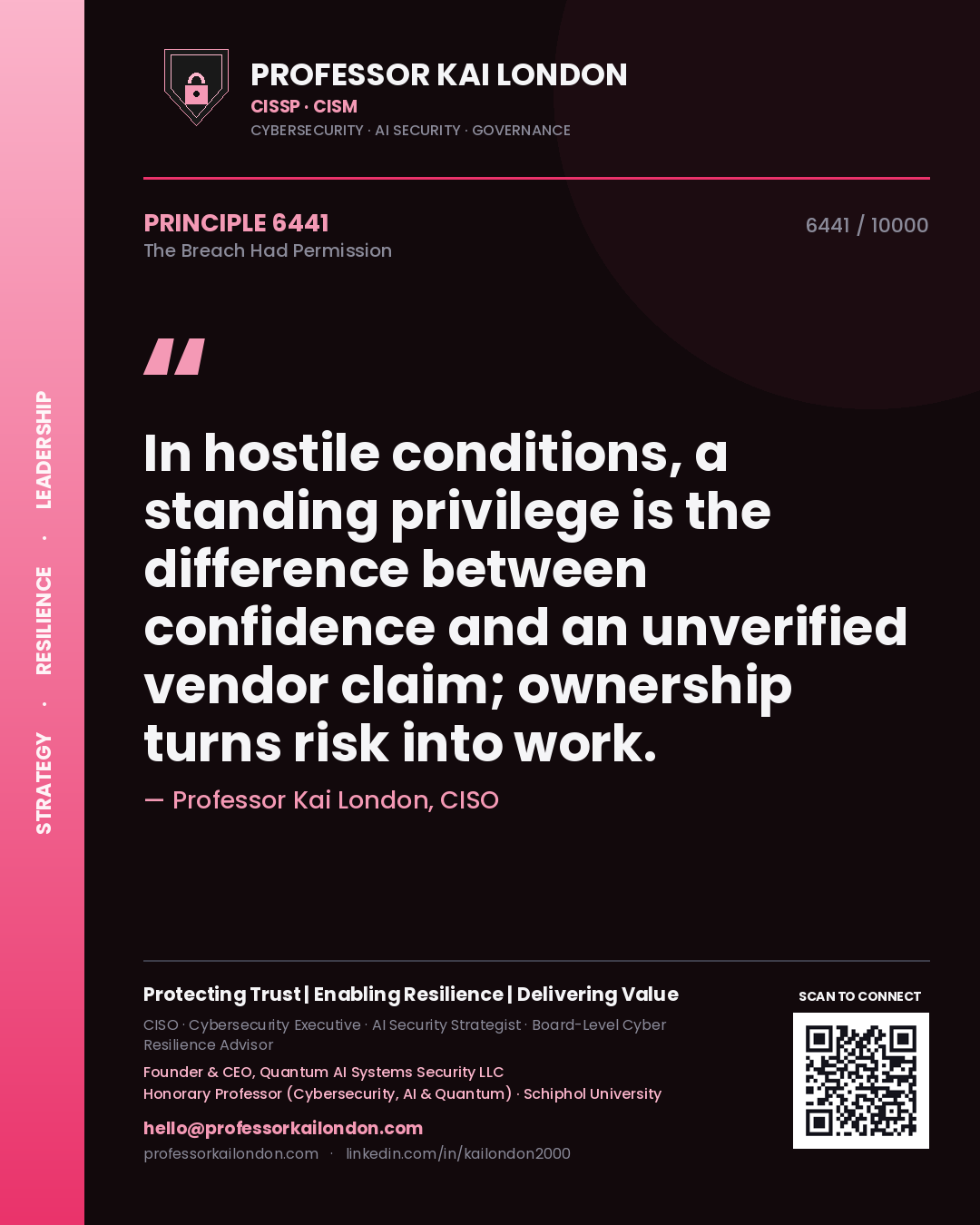 Professor Kai London principle 6441: In hostile conditions, a standing privilege is the difference between confidence and an unverified vendor claim; ownership turns risk into work.