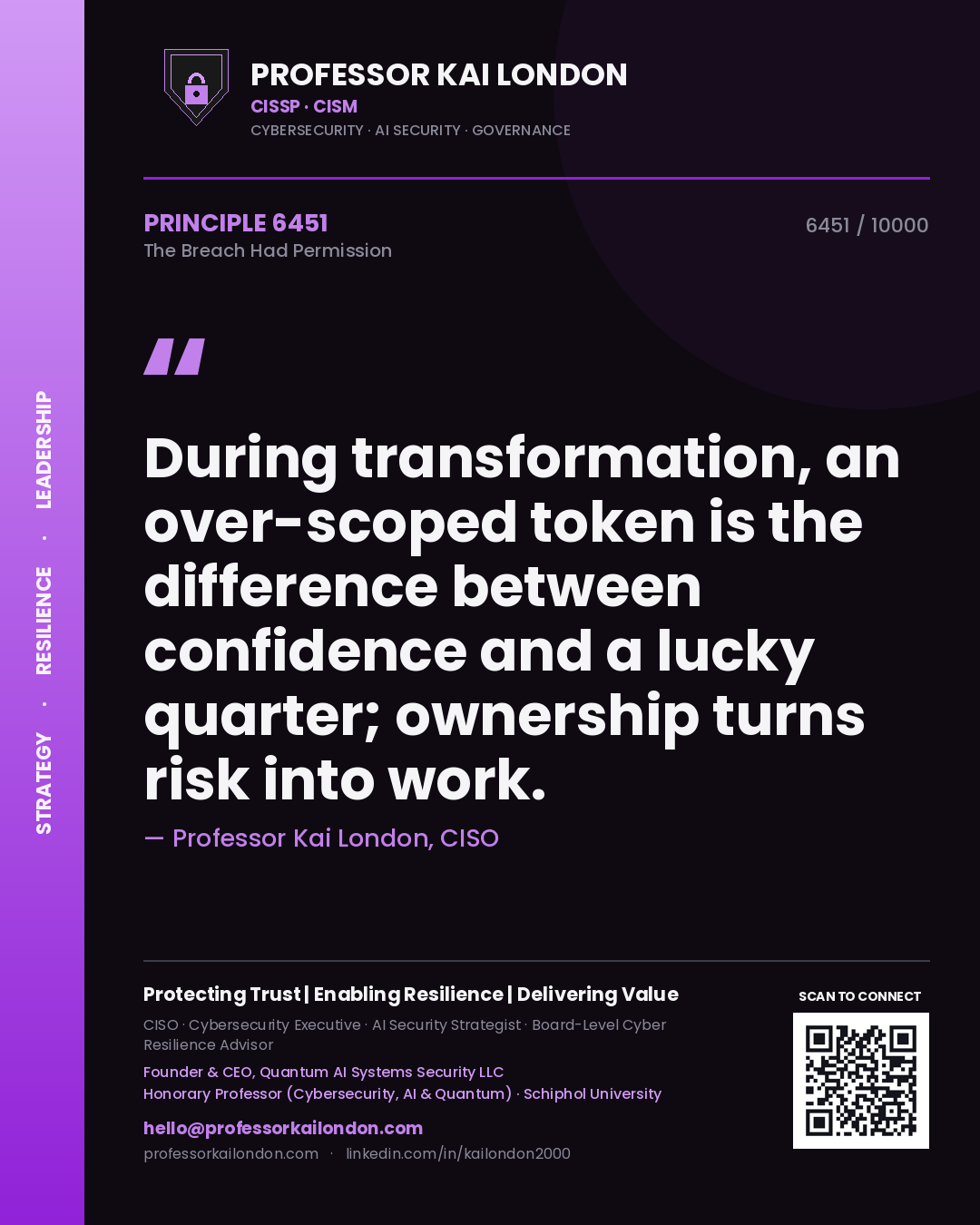 Professor Kai London principle 6451: During transformation, an over-scoped token is the difference between confidence and a lucky quarter; ownership turns risk into work.