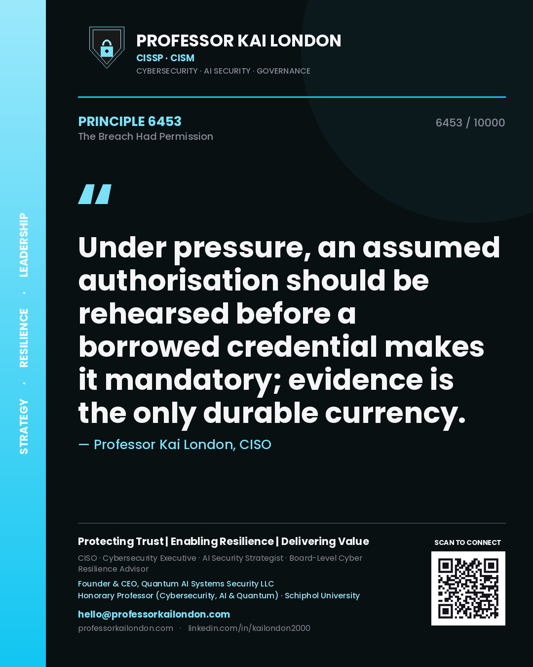 Professor Kai London principle 6453: Under pressure, an assumed authorisation should be rehearsed before a borrowed credential makes it mandatory; evidence is the only durable currency.