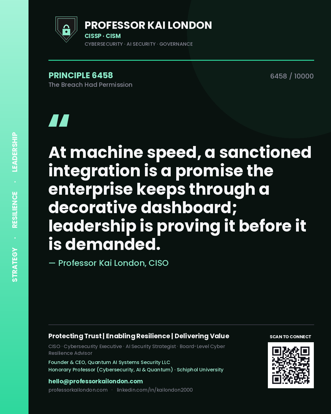 Quote card by Professor Kai London reading 'At machine speed, a sanctioned integration is a promise the enterprise keeps through a decorative dashboard; leadership is proving it before it is demanded.'. From the book The Breach Had Permission.