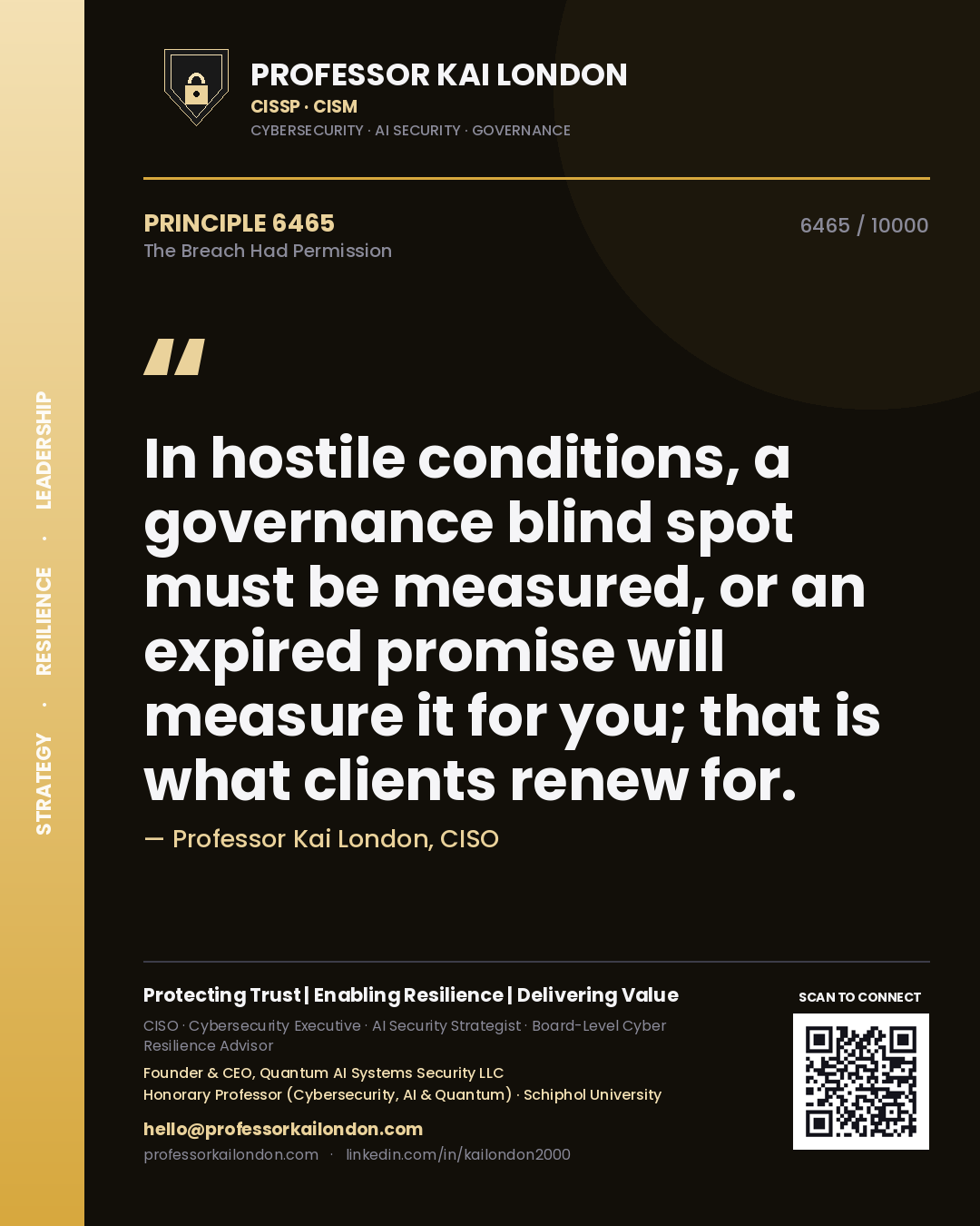 Professor Kai London principle 6465: In hostile conditions, a governance blind spot must be measured, or an expired promise will measure it for you; that is what clients renew for.