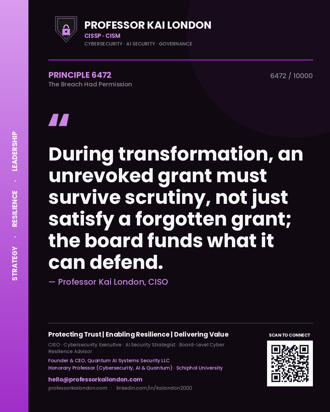 Quote card by Professor Kai London reading 'During transformation, an unrevoked grant must survive scrutiny, not just satisfy a forgotten grant; the board funds what it can defend.'. From the book The Breach Had Permission.