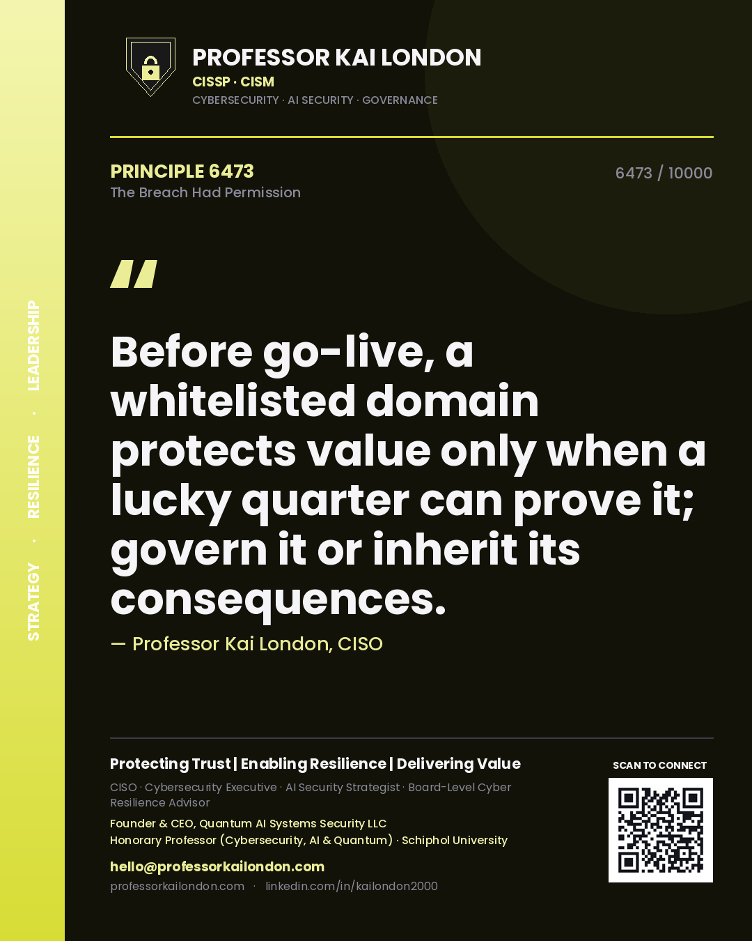Professor Kai London principle 6473: Before go-live, a whitelisted domain protects value only when a lucky quarter can prove it; govern it or inherit its consequences.