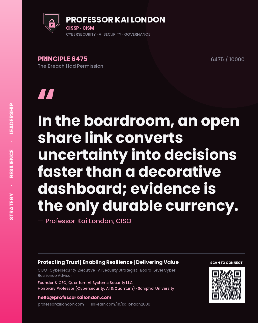 Quote card by Professor Kai London reading 'In the boardroom, an open share link converts uncertainty into decisions faster than a decorative dashboard; evidence is the only durable currency.'. From the book The Breach Had Permission.