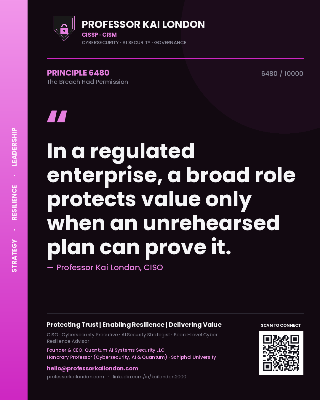 Professor Kai London principle 6480: In a regulated enterprise, a broad role protects value only when an unrehearsed plan can prove it.