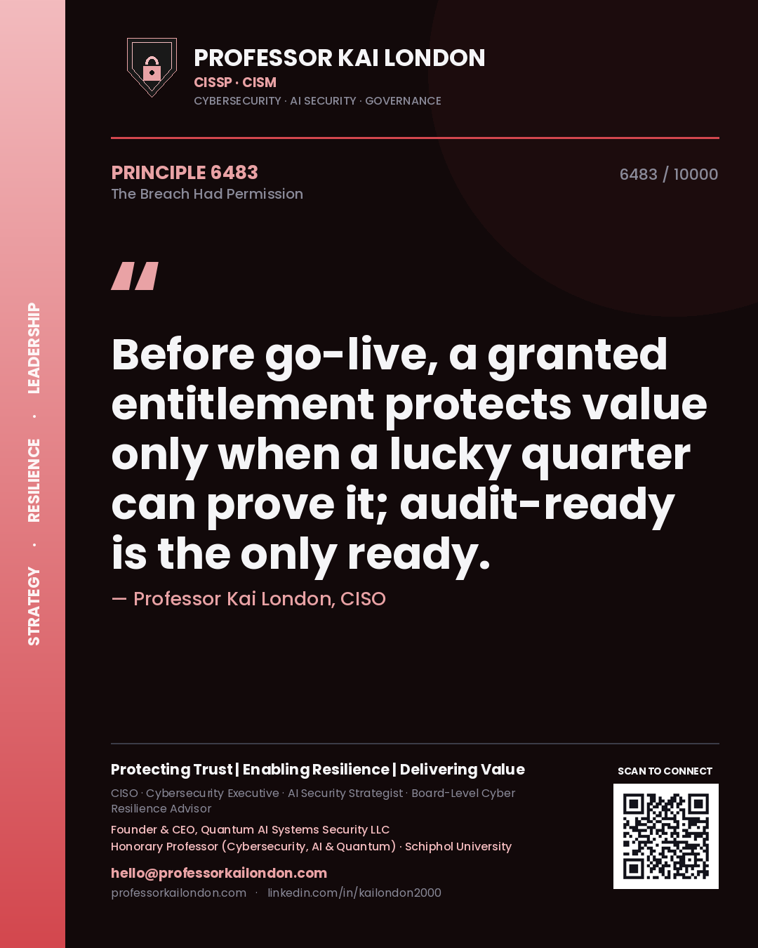 Quote card by Professor Kai London reading 'Before go-live, a granted entitlement protects value only when a lucky quarter can prove it; audit-ready is the only ready.'. From the book The Breach Had Permission.