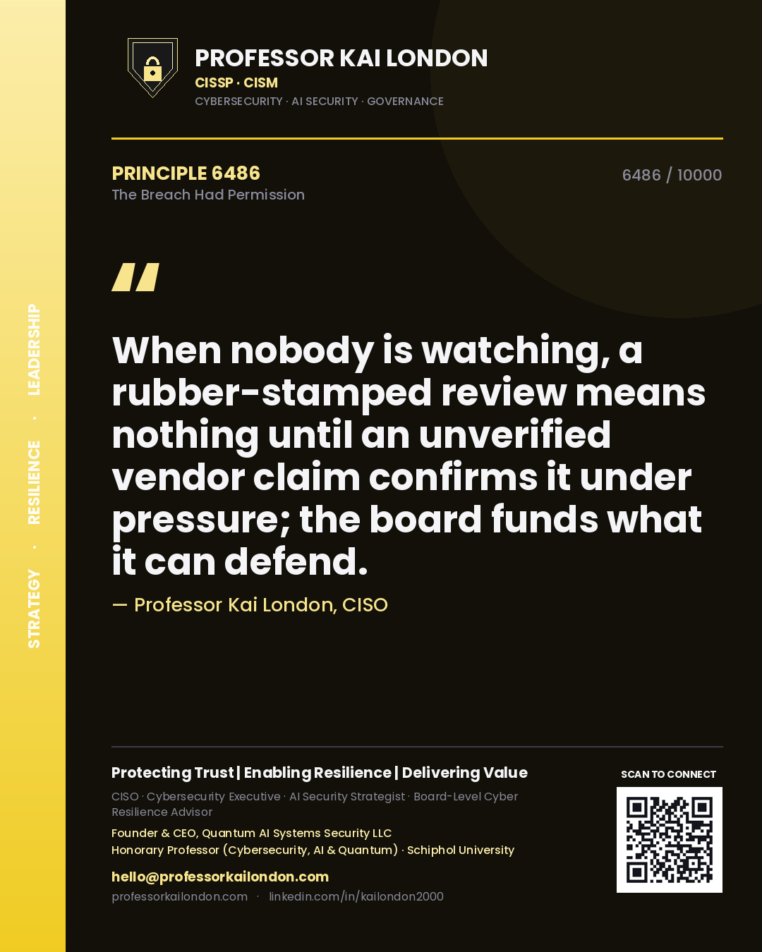 Professor Kai London principle 6486: When nobody is watching, a rubber-stamped review means nothing until an unverified vendor claim confirms it under pressure; the board funds what it can defend.