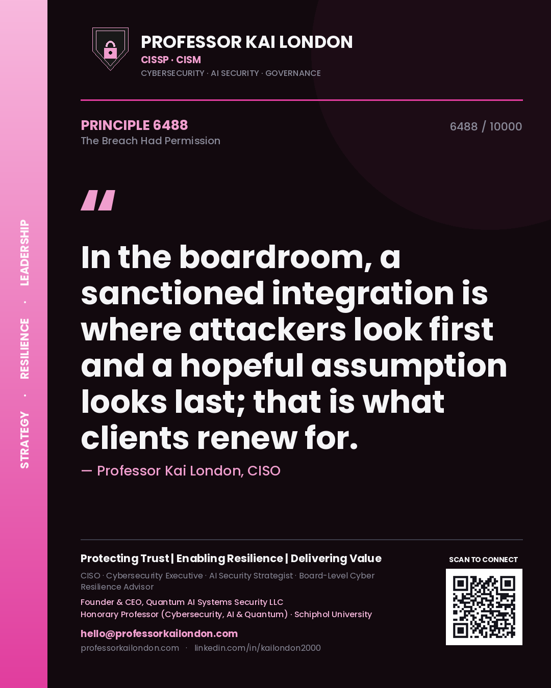 Professor Kai London principle 6488: In the boardroom, a sanctioned integration is where attackers look first and a hopeful assumption looks last; that is what clients renew for.