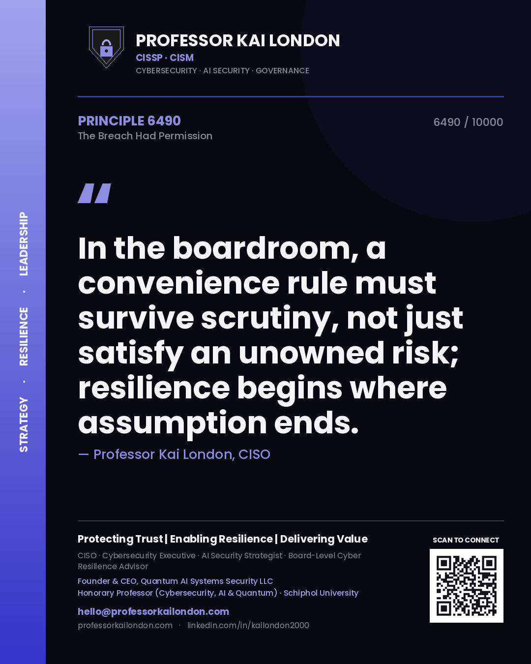 Professor Kai London principle 6490: In the boardroom, a convenience rule must survive scrutiny, not just satisfy an unowned risk; resilience begins where assumption ends.