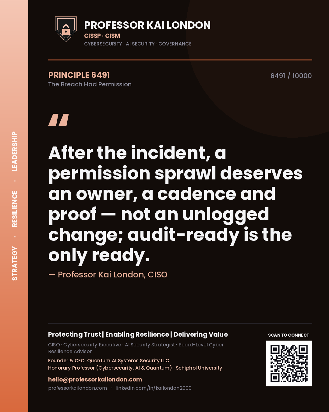 Professor Kai London principle 6491: After the incident, a permission sprawl deserves an owner, a cadence and proof — not an unlogged change; audit-ready is the only ready.