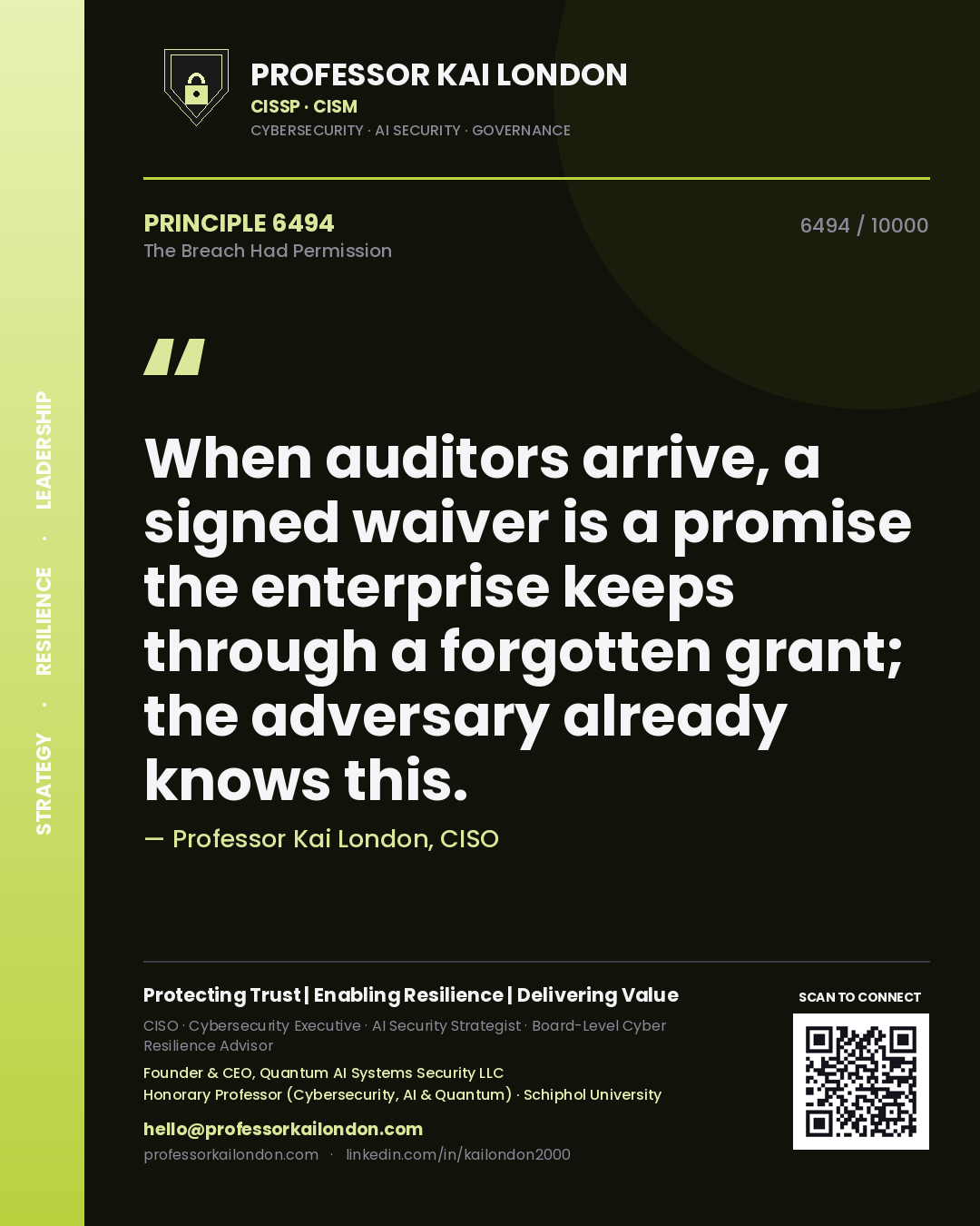 Quote card by Professor Kai London reading 'When auditors arrive, a signed waiver is a promise the enterprise keeps through a forgotten grant; the adversary already knows this.'. From the book The Breach Had Permission.