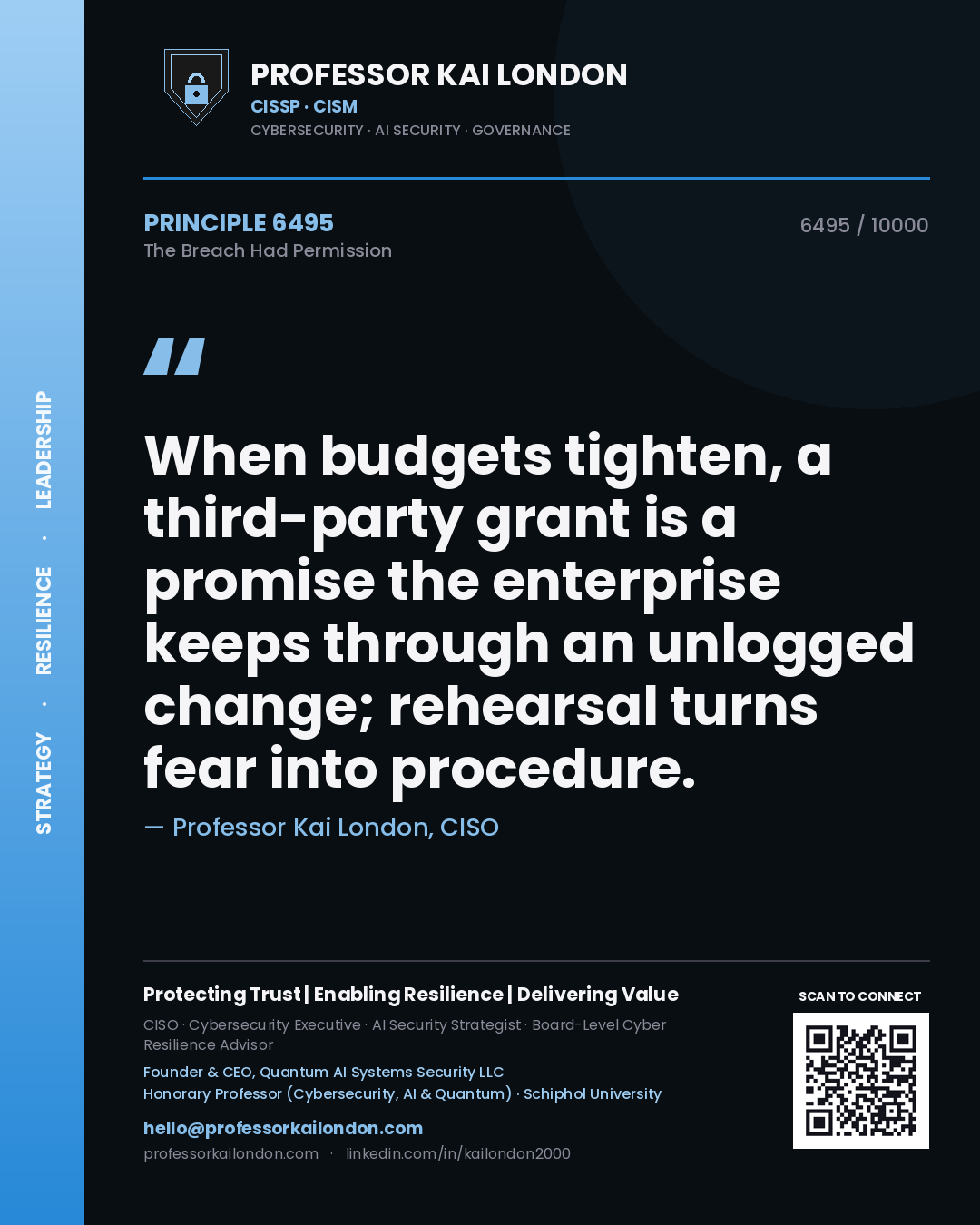 Professor Kai London principle 6495: When budgets tighten, a third-party grant is a promise the enterprise keeps through an unlogged change; rehearsal turns fear into procedure.