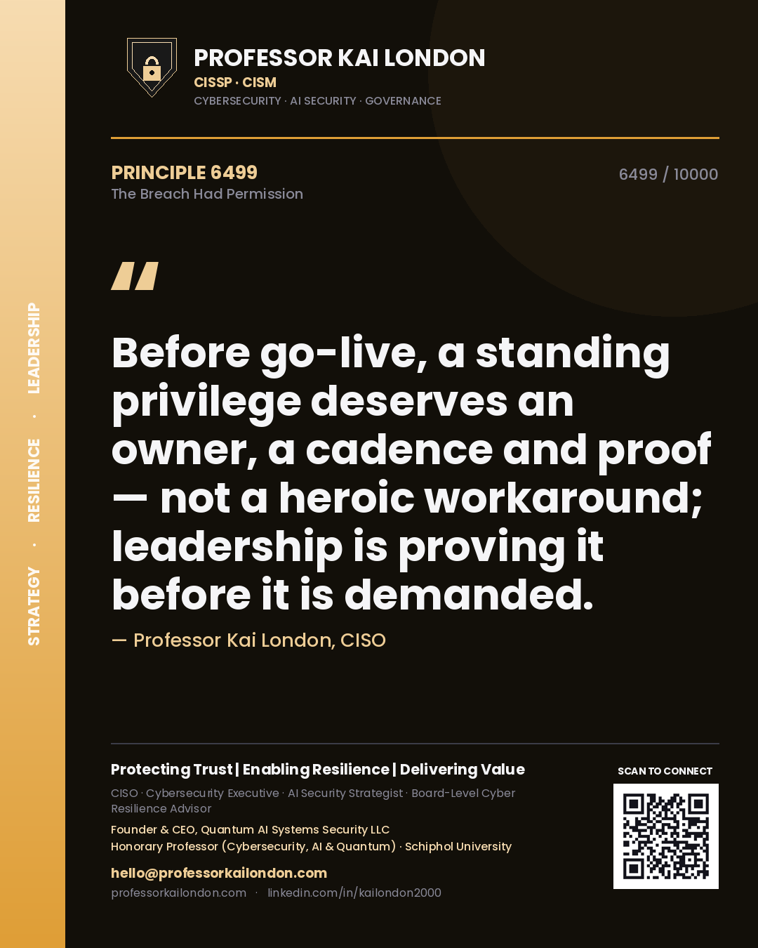 Professor Kai London principle 6499: Before go-live, a standing privilege deserves an owner, a cadence and proof — not a heroic workaround; leadership is proving it before it is demanded.