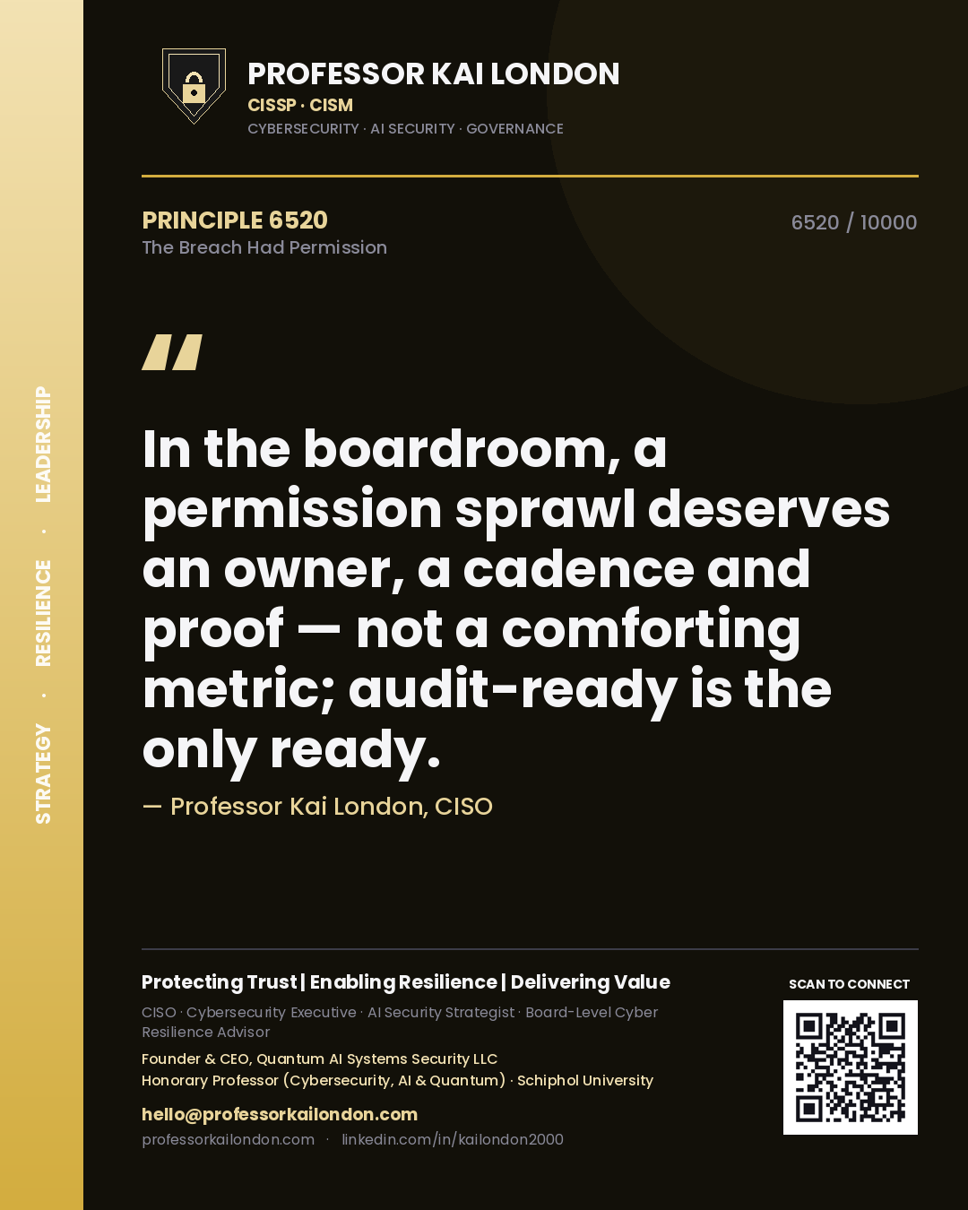 Quote card by Professor Kai London reading 'In the boardroom, a permission sprawl deserves an owner, a cadence and proof — not a comforting metric; audit-ready is the only ready.'. From the book The Breach Had Permission.