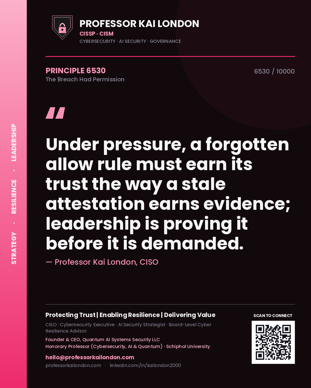 Quote card by Professor Kai London reading 'Under pressure, a forgotten allow rule must earn its trust the way a stale attestation earns evidence; leadership is proving it before it is demanded.'. From the book The Breach Had Permission.