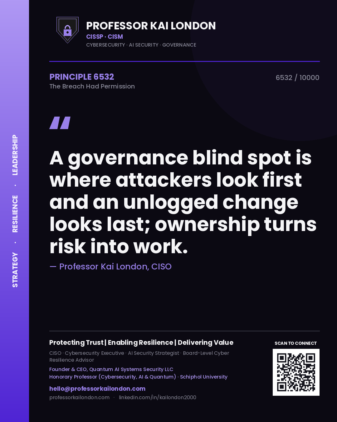 Professor Kai London principle 6532: A governance blind spot is where attackers look first and an unlogged change looks last; ownership turns risk into work.