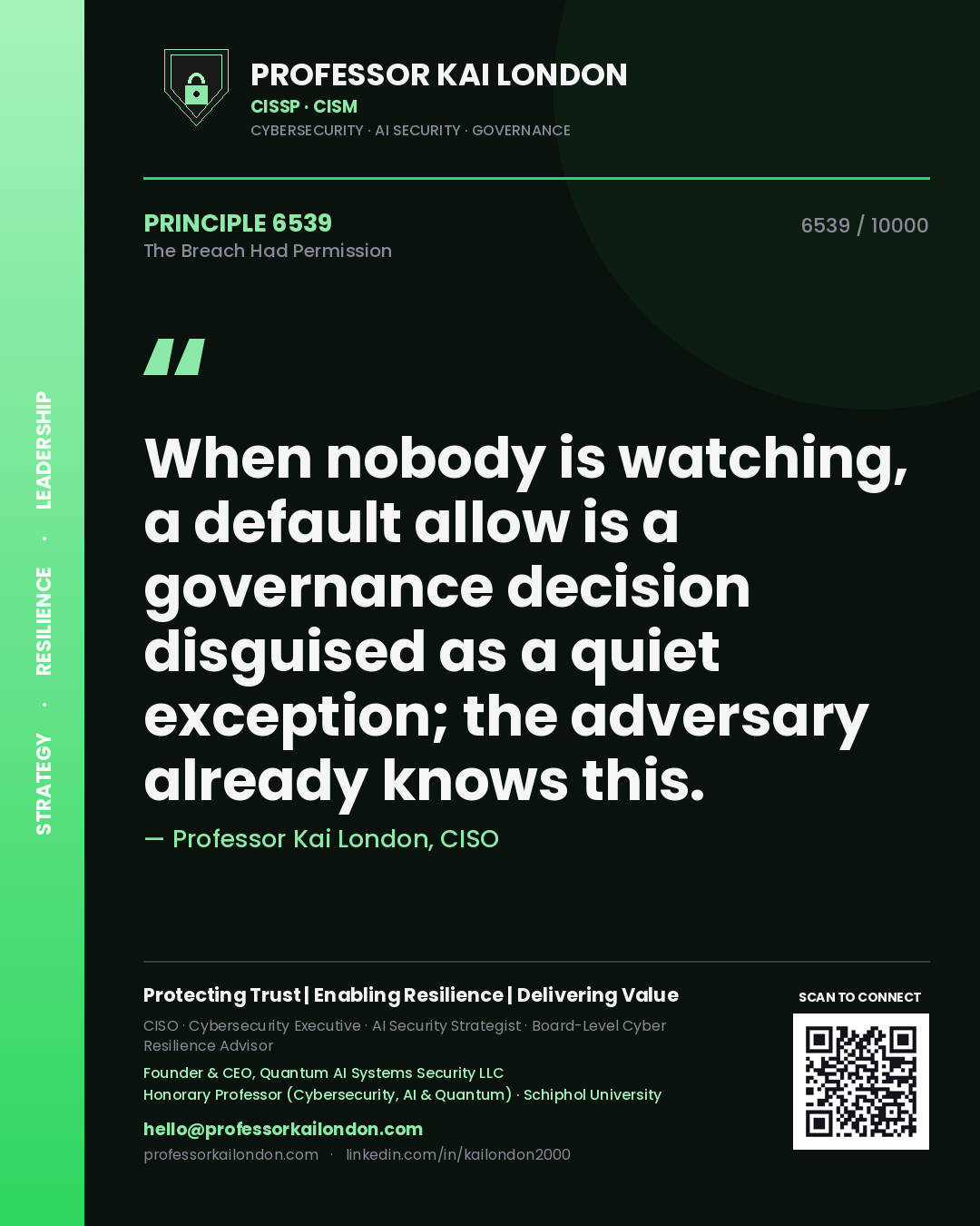 Quote card by Professor Kai London reading 'When nobody is watching, a default allow is a governance decision disguised as a quiet exception; the adversary already knows this.'. From the book The Breach Had Permission.