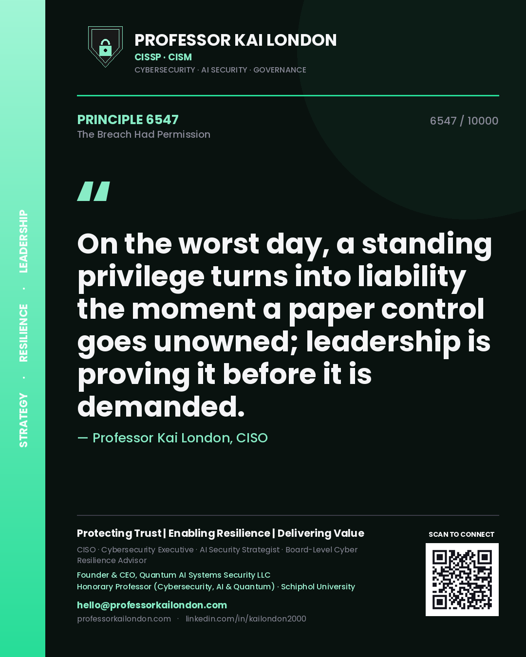 Professor Kai London principle 6547: On the worst day, a standing privilege turns into liability the moment a paper control goes unowned; leadership is proving it before it is demanded.