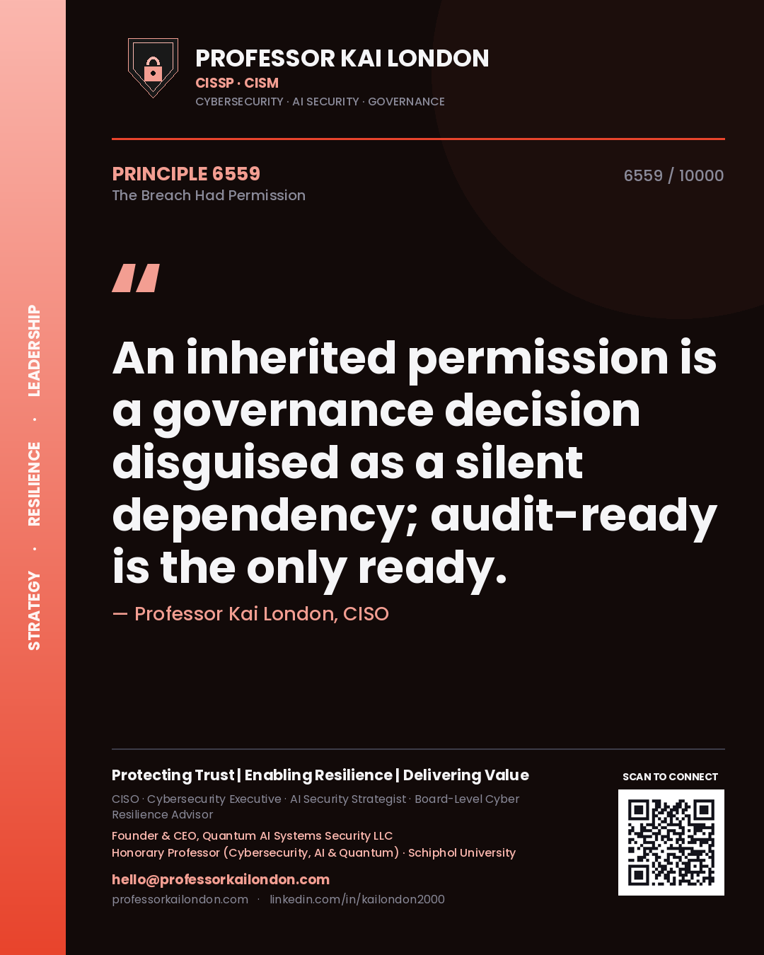 Quote card by Professor Kai London reading 'An inherited permission is a governance decision disguised as a silent dependency; audit-ready is the only ready.'. From the book The Breach Had Permission.