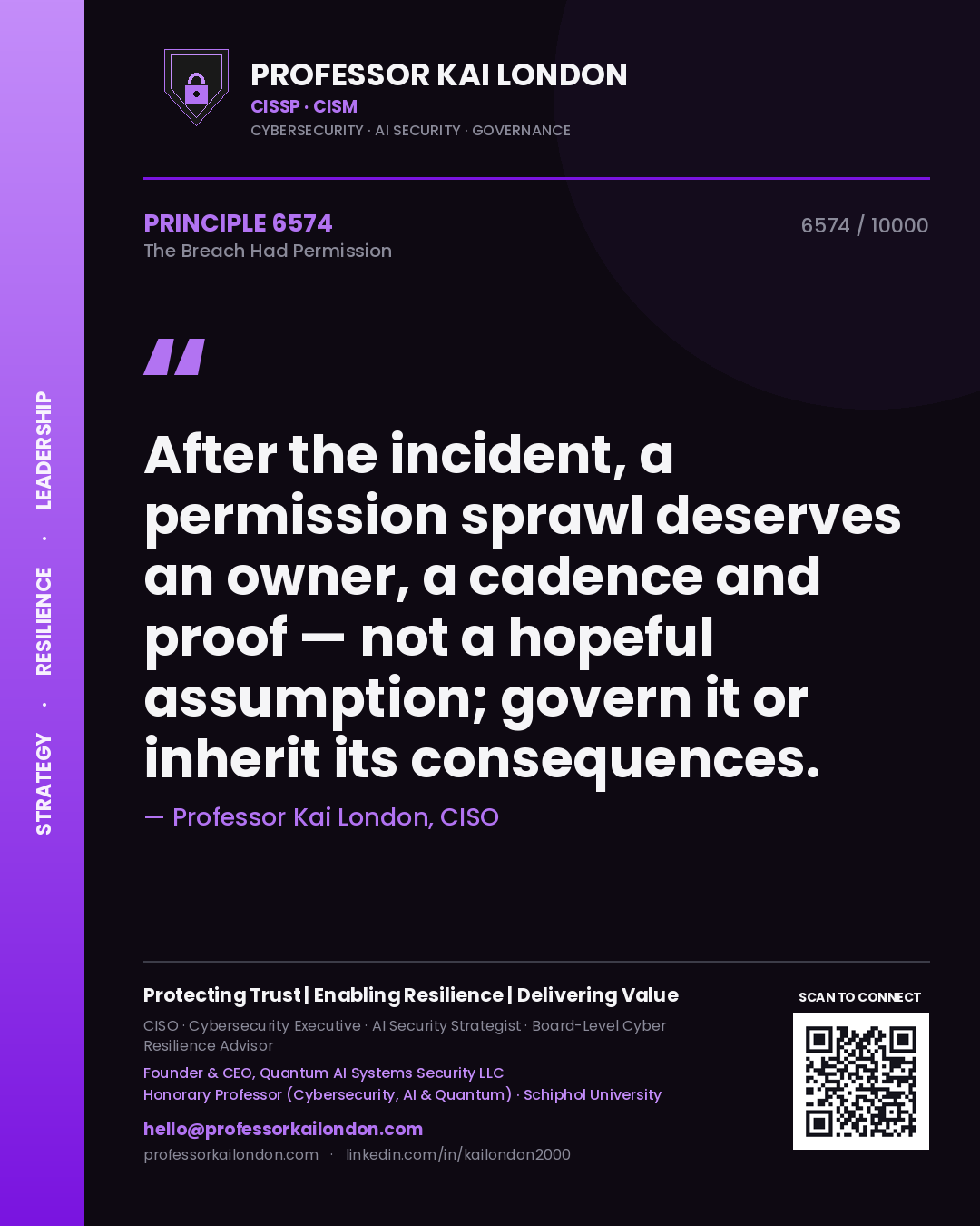 Professor Kai London principle 6574: After the incident, a permission sprawl deserves an owner, a cadence and proof — not a hopeful assumption; govern it or inherit its consequences.