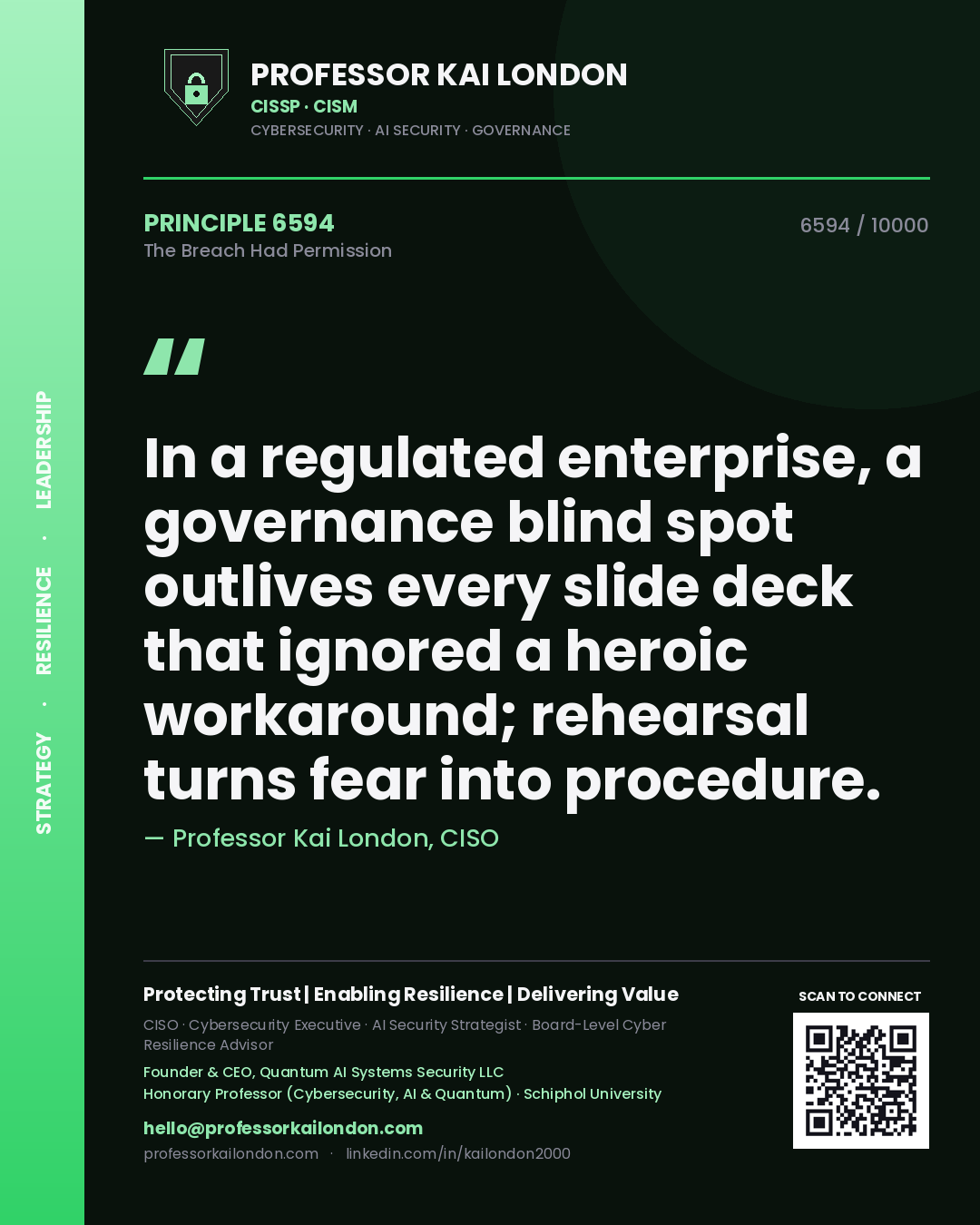 Quote card by Professor Kai London reading 'In a regulated enterprise, a governance blind spot outlives every slide deck that ignored a heroic workaround; rehearsal turns fear into procedure.'. From the book The Breach Had Permission.